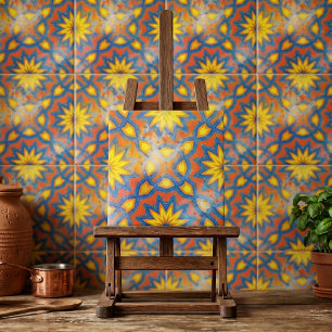 Levendig Oranje en Blauw Marokkaans Bloemrijk Mand Tegeltje