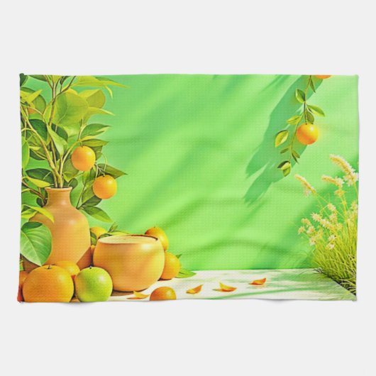 Levendig Oranje Groen Stilleven Design Theedoek (Horizontaal)