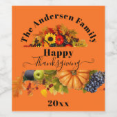 Levendig Oranje Herfst Oogst Thanksgiving Wijn Etiket (Enkel label)