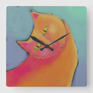 Levendig Oranje Kat Abstracte Art  Vierkante Klok
