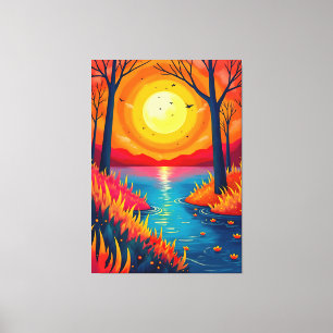 Levendig oranje zonsondergang meer landschapskunst canvas afdruk
