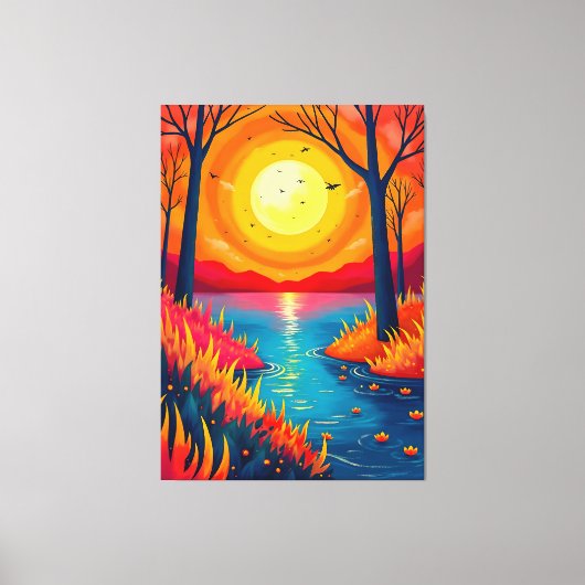 Levendig oranje zonsondergang meer landschapskunst canvas afdruk (Voorkant)