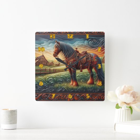 Levendig paard in kleurrijke Boerderij scene Vierkante Klok (Huis)