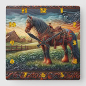 Levendig paard in kleurrijke Boerderij scene Vierkante Klok (Voorkant)
