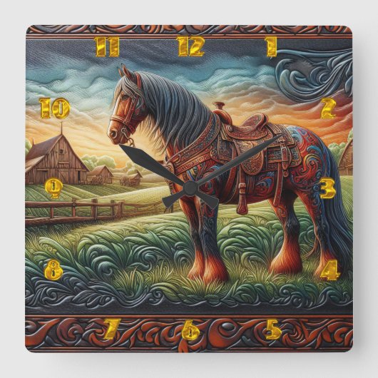 Levendig paard in kleurrijke Boerderij scene Vierkante Klok (Voorkant)