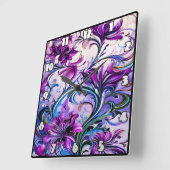 Levendig Paarse Bloemen Ontwerp op Elegante Achter Vierkante Klok (Hoek)