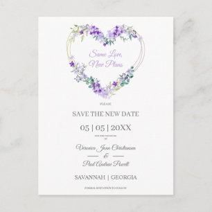 Levendig Paarse Floral Heart Postponed Wedding Briefkaart