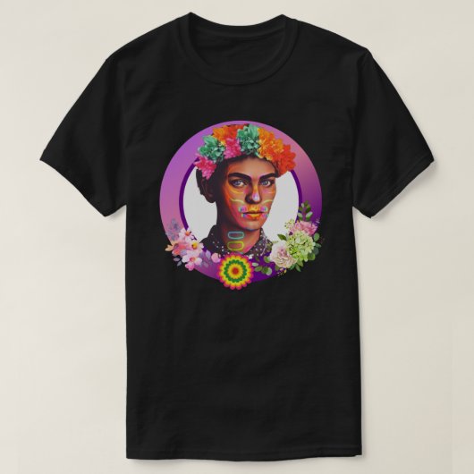 Levendig Paarse Frida Kahlo Portret met bloemen T-shirt (Design voorkant)