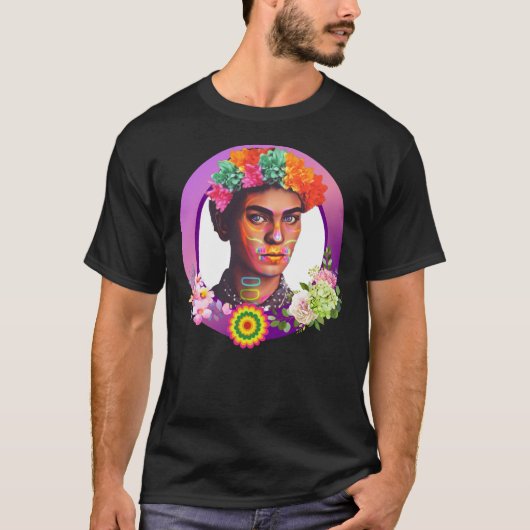 Levendig Paarse Frida Kahlo Portret met bloemen T-shirt (Voorkant)