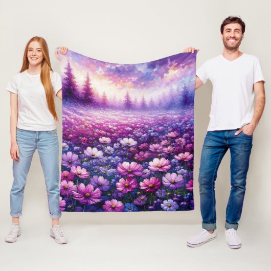 Levendig Paarse Wildflower Field Landscape Fleece Deken (In situ)