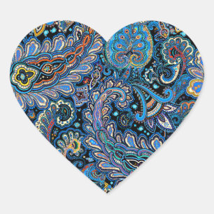 Levendig Paisleypatroon in Blauw op Zwart Hart Sticker