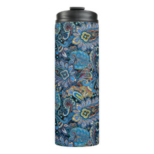 Levendig paisleypatroon in blauw op zwart thermosbeker