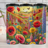 Levendig papaver lupine regenboogveld thermosbeker