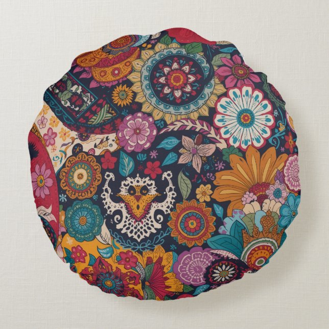 Levendig Papel Picado Boho Patroon Rond Kussen (Achterkant)