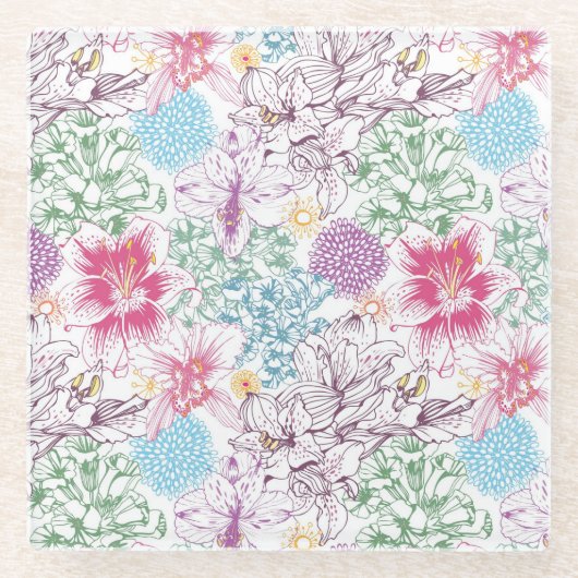 Levendig patroon met kleurrijke bloemen glazen onderzetter (Voorkant)