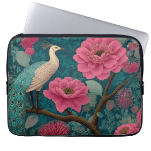 Levendig pauw en roze bloemenpatroon laptop sleeve