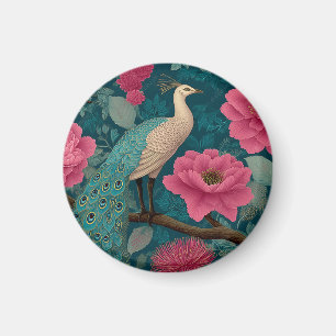 Levendig pauw en roze bloemenpatroon magneet