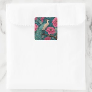 Levendig pauw en roze bloemenpatroon vierkante sticker