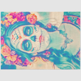 Levendig Pensive Sugar Skull Vrouw Decoupage Papie Tissuepapier