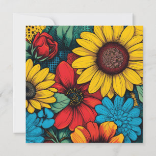 Levendig Pop Art Bloemendesign met Zonnebloemen Feestdagenkaart