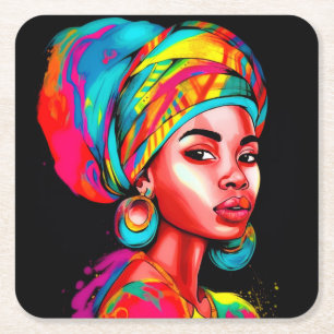 Levendig portret met kleurrijke headwrap kartonnen onderzetters