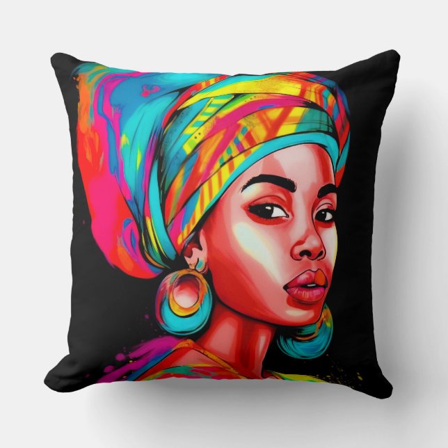 Levendig portret met kleurrijke headwrap kussen (Voorkant)