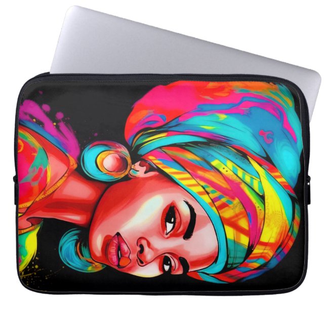 Levendig portret met kleurrijke headwrap laptop sleeve (Voorkant)