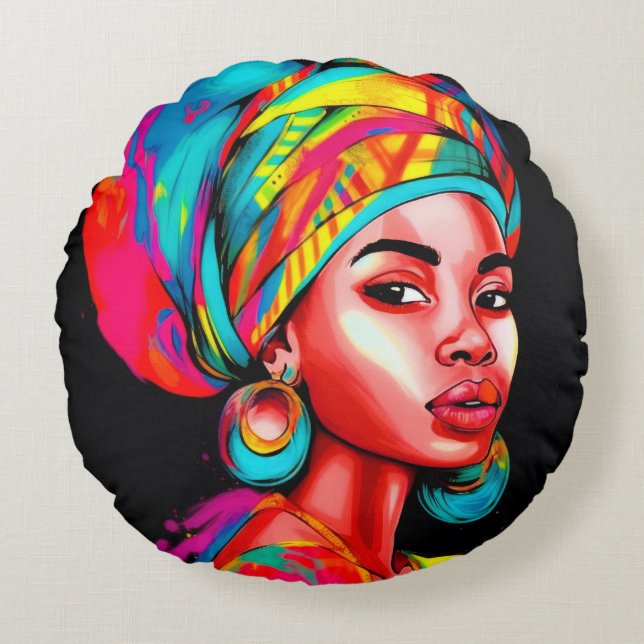 Levendig portret met kleurrijke headwrap rond kussen (Voorkant)