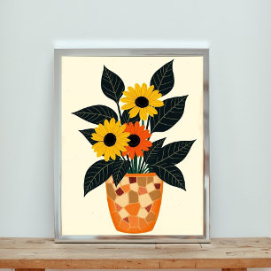 Levendig Potten Zonnebloemen & Daisy Mozaïek Maste Poster