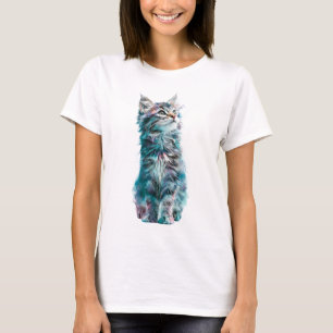 Levendig Psyschedelisch Fluffig Kattenportret Vrou T-shirt