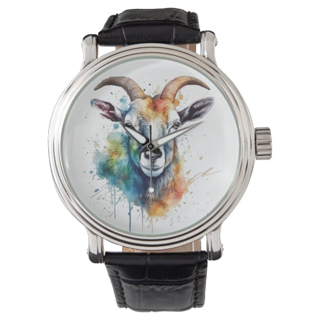 Levendig Rainbow Goat Portret Horloge (Voorkant)