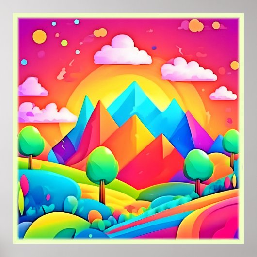 Levendig regenboog Cartoon landschap Poster (Voorkant)