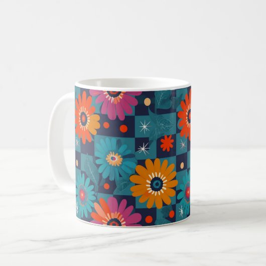 Levendig Retro Bloemenpatroon met Blauwgroen Vierk Koffiemok (Voorkant links)
