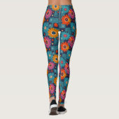 Levendig Retro Bloemenpatroon met Blauwgroen Vierk Leggings (Achterkant)