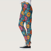 Levendig Retro Bloemenpatroon met Blauwgroen Vierk Leggings (Links)