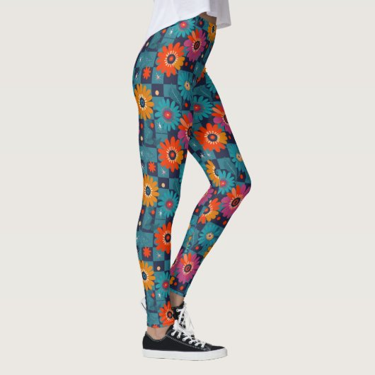 Levendig Retro Bloemenpatroon met Blauwgroen Vierk Leggings (Rechts)