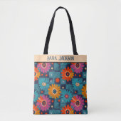 Levendig Retro Bloemenpatroon met Blauwgroen Vierk Tote Bag (Voorkant)