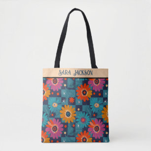 Levendig Retro Bloemenpatroon met Blauwgroen Vierk Tote Bag