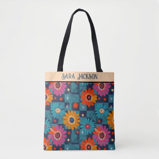 Levendig Retro Bloemenpatroon met Blauwgroen Vierk Tote Bag (Voorkant)