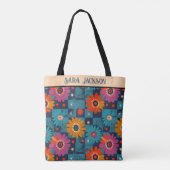 Levendig Retro Bloemenpatroon met Blauwgroen Vierk Tote Bag (Achterkant)