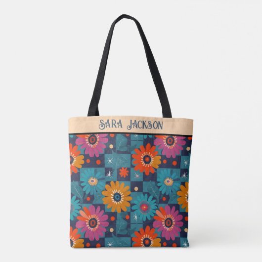 Levendig Retro Bloemenpatroon met Blauwgroen Vierk Tote Bag (Achterkant)
