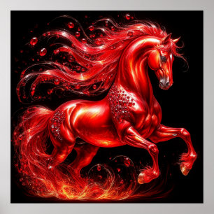 Levendig Rode Mythische Paard met Vuurkleurige Man Poster