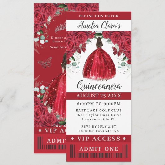 Levendig rood bloemenquinceañera Sweet 16 VIP-tick Kaart (Voorkant / Achterkant)