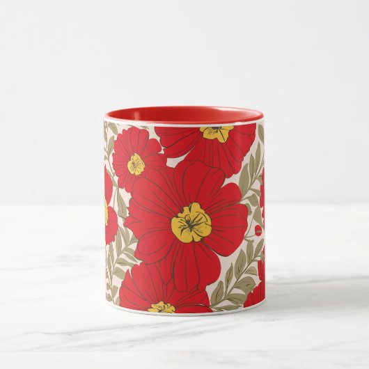 Levendig Rood Bloempatroon met Olijfgroene Bladere Mok (Midden)