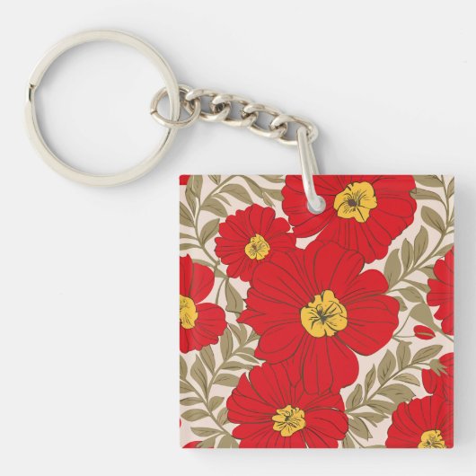 Levendig Rood Bloempatroon met Olijfgroene Bladere Sleutelhanger (Voorkant)