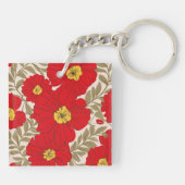 Levendig Rood Bloempatroon met Olijfgroene Bladere Sleutelhanger (Achterkant)