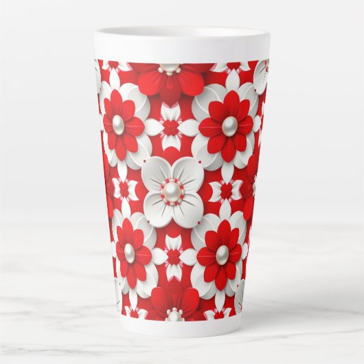 Levendig rood en wit bloempatroon met parel latte mok (Voorkant)