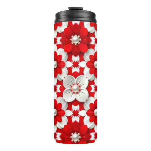 Levendig rood en wit bloempatroon met parel thermosbeker (Voorkant)