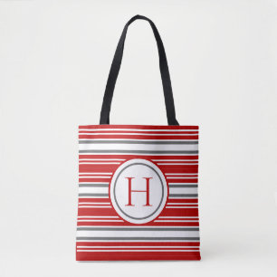 Levendig rood & grijs modern gestreept tote bag