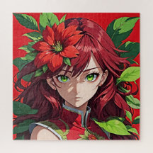 Levendig rood haar en bloemenportret